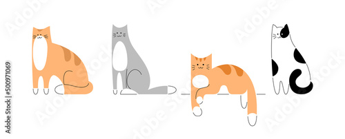 Set of drawn happy cats in different colors in flat cartoon style. Isolated illustration of cute funny kitten. Vector template with outline. Ginger, red, gray, spotted cat lies and sits