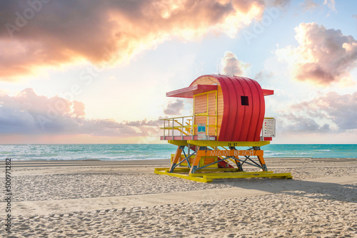 Lifeguard station in miami beach, florida, america, usa at sunset