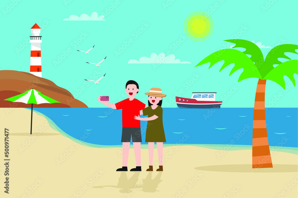 Taking selfie vector concept. Happy young couple taking selfie photo on the tropical beach while enjoying summer holiday together