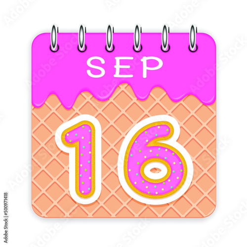 16 day of a month. September. Waffle cone calendar with melted ice cream. 3d daily icon. Date. Week Sunday, Monday, Tuesday, Wednesday, Thursday, Friday, Saturday. White background Vector illustration