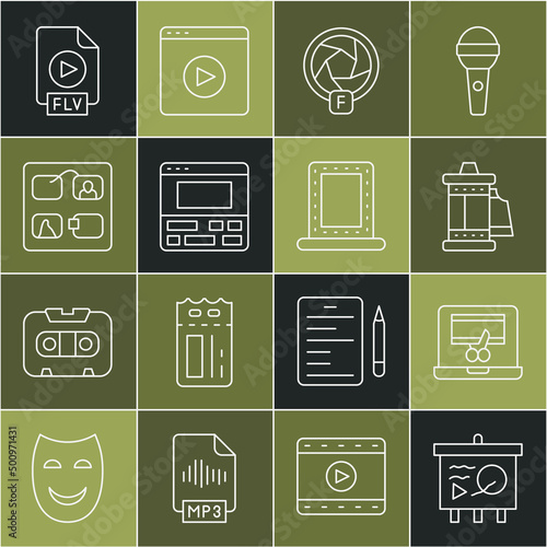Set line Scenario on chalkboard, Video recorder laptop, Camera roll cartridge, shutter, Storyboard, FLV file document and Makeup mirror with lights icon. Vector