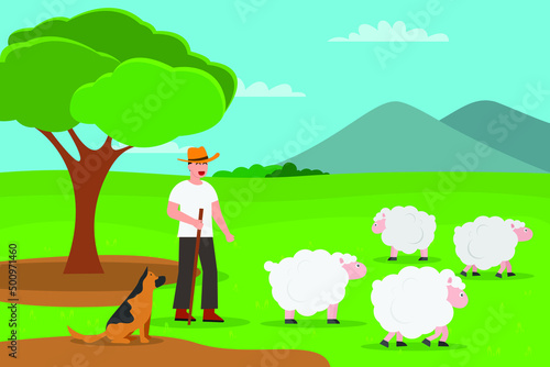 Grazing vector concept. Male farmer grazing a group of sheep with shepherd dog while standing on the meadow