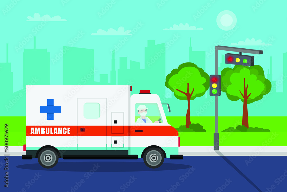 Ambulance vector concept. Ambulance car passing a red traffic light on the road while going to the hospital