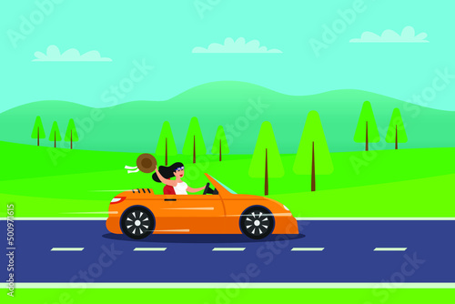Road trip vector concept. Young woman enjoying road trip while driving a car on the road with green forest background