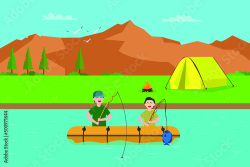 Holiday vector concept. Happy little boy enjoying holiday with his father while fishing near the campsite