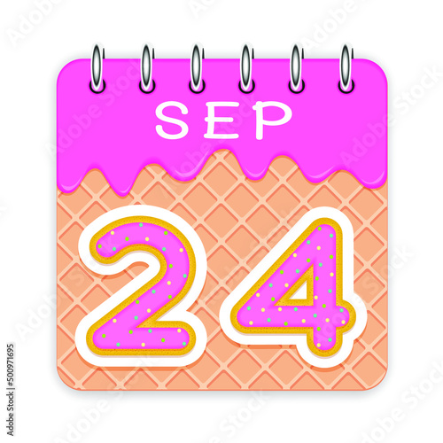 24 day of a month. September. Waffle cone calendar with melted ice cream. 3d daily icon. Date. Week Sunday, Monday, Tuesday, Wednesday, Thursday, Friday, Saturday. White background Vector illustration