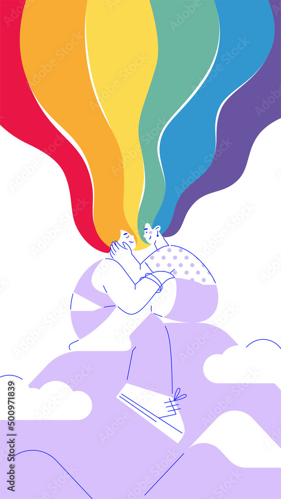 Romantic illustration with girls in love hugging in flat style with outline. Lesbian female couple sits on background of cloud. Vector template of LGBT couple. Rainbow flag of pride. Privacy. Line art Romantic illustration with girls in love hugging in flat style with outline. Lesbian female couple sits on background of cloud. Vector template of LGBT couple. Rainbow flag of pride. Privacy. Line art