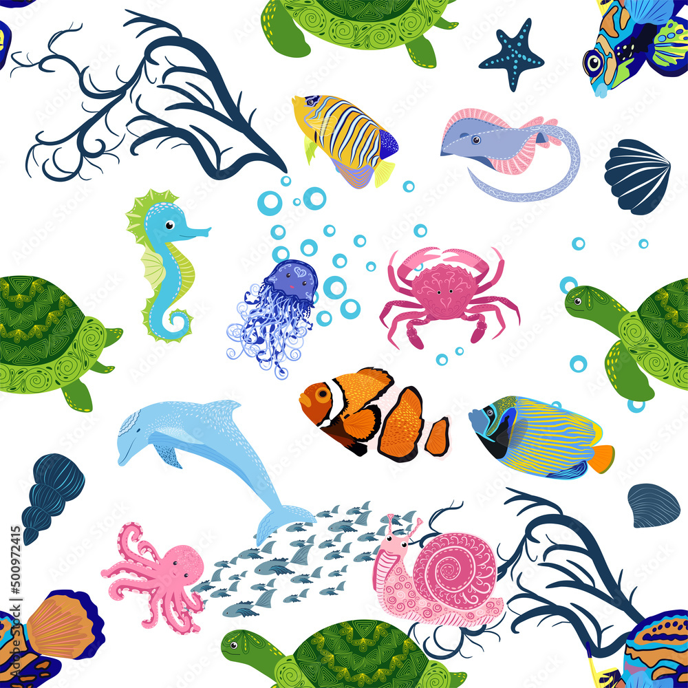 Marine life, fish, animals bright seamless pattern. sea travel, underwater diving animal tropical fish. Jellyfish, whale, shark, seahorse, clown fish, dolphin, turtle, emperor Marine life, fish, animals bright seamless pattern. sea travel, underwater diving animal tropical fish. Jellyfish, whale, shark, seahorse, clown fish, dolphin, turtle, emperor
