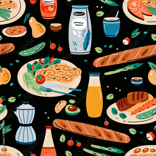 Colored seamless pattern of food and drink. Vector illustration for design of menu. Wallpaper, print, packaging, paper, textile design.