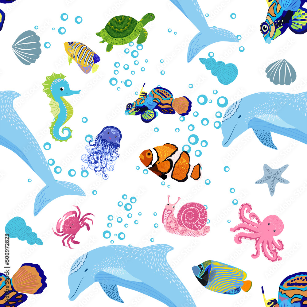 Fototapeta premium Marine life, fish, animals bright seamless pattern. sea travel, underwater diving animal tropical fish. Jellyfish, whale, shark, seahorse, clown fish, dolphin, turtle, emperor