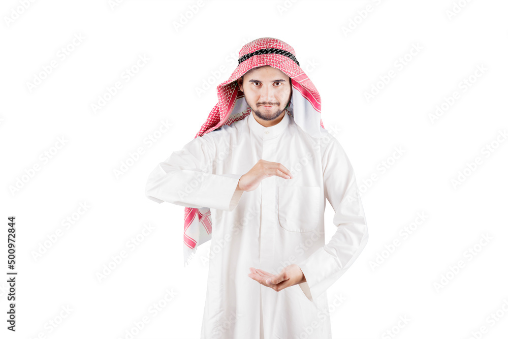 Arabian businessman showing something on hands Arabian businessman showing something on hands