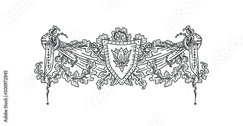 Vector vintage vignette of coat of arms on drape with flowers and floral swirls, heraldic decorative element in antique style as black outline illustration isolated on white