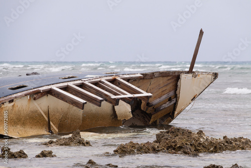 A ship destroyed by storms and hurricanes in the Caribbean Sea lies trapped on the dangerous rocks off the coast of the Guanahacabibes Peninsula, Cuba