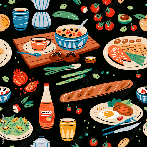 Colored seamless pattern of food and drink. Vector illustration for design of menu. Wallpaper, print, packaging, paper, textile design.