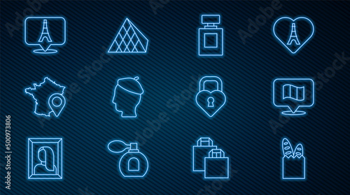 Set line French baguette bread, Flag France, Perfume, man, Map of, Eiffel tower, Castle in the shape heart and Louvre glass pyramid icon. Vector