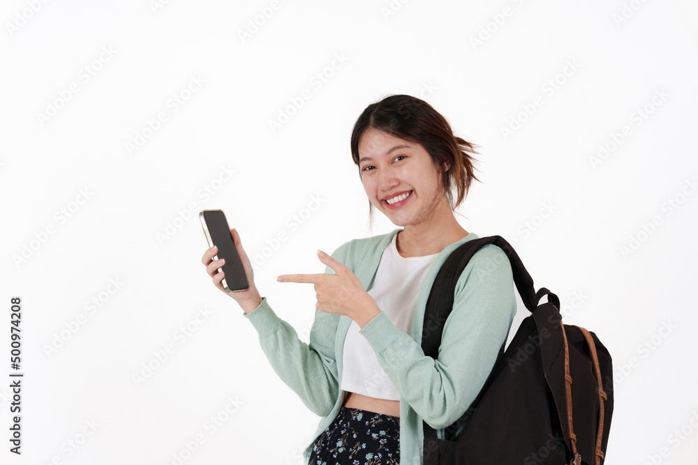 Young college student with backpack isolated over white background. E-learning ,online ,education concept. Young college student with backpack isolated over white background. E-learning ,online ,education concept.