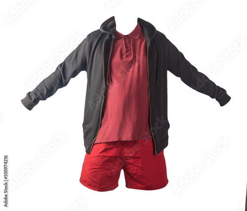 sweatshirt with iron zipper hoodie,  shirt and sports shorts isolated on white background. casual sportswear photo