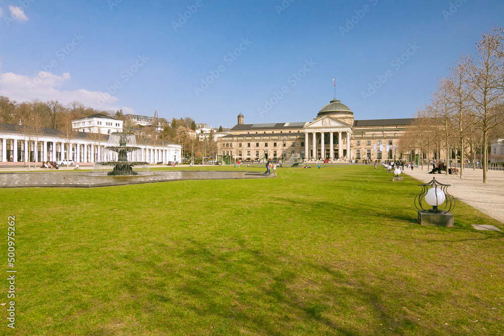 Germany - Hesse - Wiesbaden - Bowling green with fountain and Kurhausplatz in front of Casino and Kurhaus building in Wiesbaden