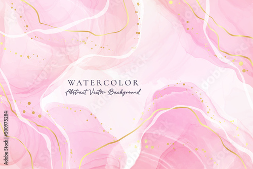 Rose pink liquid watercolor background with golden dots. Royal blush marble alcohol ink drawing effect. Vector illustration design template for wedding invitation, menu, rsvp