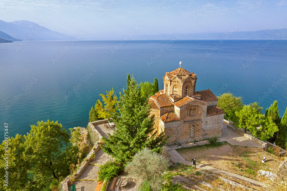 Macedonia - Ohrid - Ancient church of Saint John the Theologian at Kaneo (sometimes the symbol of all Macedonia) on the cliff over Kaneo Beach overlooking beautiful Lake Ohrid