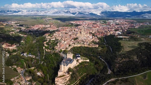Aerial view of Segovia cityscape, famous tourist destination in Castile and Leon, Spain. High quality 4k footage .  photo