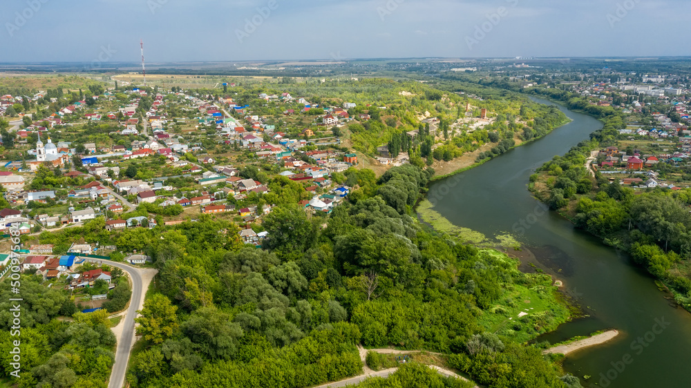 Top view of a scenic view from a drone on the city of Yelets, one of the oldest cities in the Lipetsk region on the banks of the Bystraya Sosna River, Russia