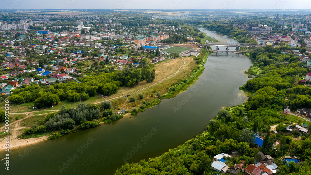 Top view of a scenic view from a drone on the city of Yelets, one of the oldest cities in the Lipetsk region on the banks of the Bystraya Sosna River, Russia