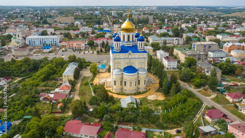 Obraz premium Aerial view of the Ascension Cathedral and residential areas on a summer day in Yelets