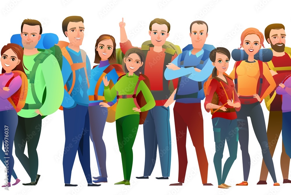 Fototapeta premium Man, women and child tourist backpacker. Backpack on his back. Cheerful person. Standing pose. Cartoon comic style flat design. Single character. Seamless Illustration isolated. Vector