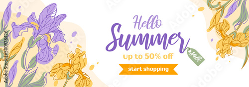 Summer sale horizontal banner. Bright modern iris flowers in hand-drawn style. Vector illustration for background, website, posters, flyers.