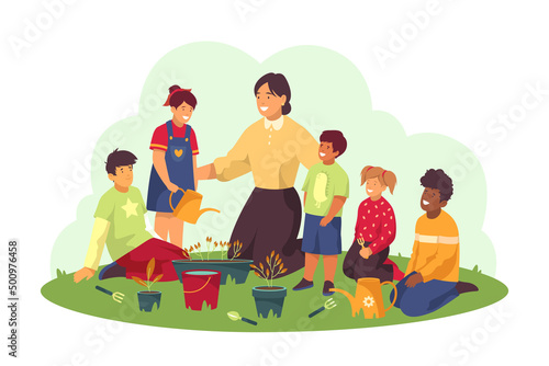 Kids study gardening in kindergarten vector banner