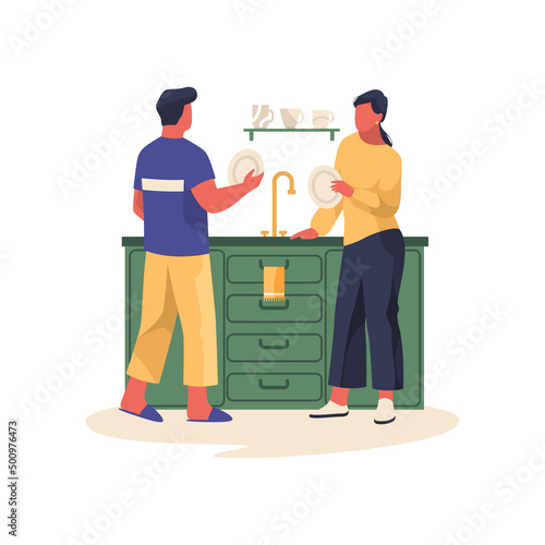 Dishes washing or kitchen housework, vector banner