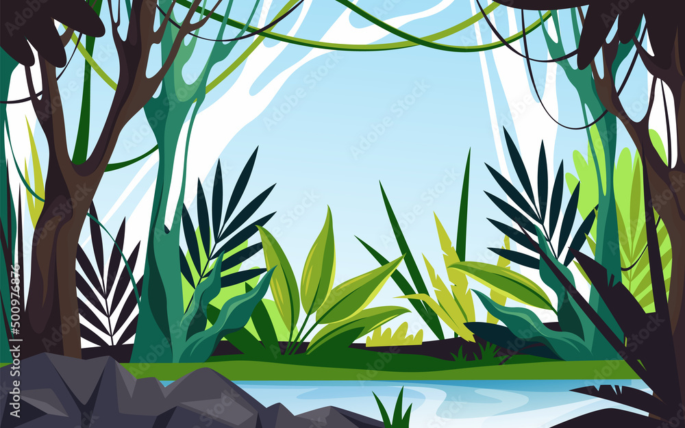 Obraz premium Jungle landscape or rainforest scape vector banner