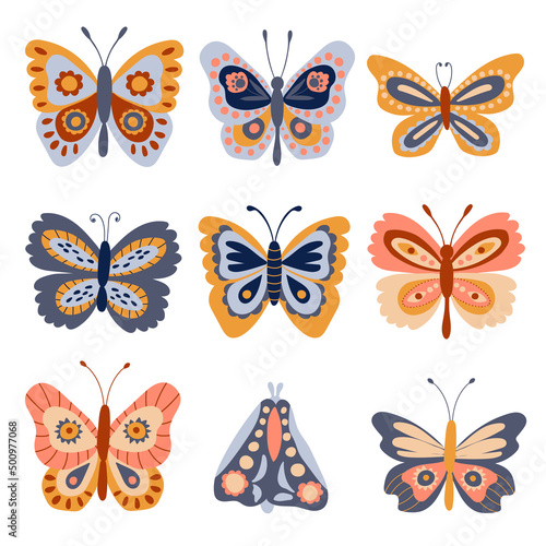 Set of cute butterflies. White background, isolate. Vector illustration. Hand drawn style. © Helga KOV
