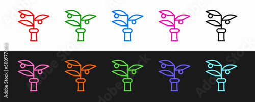 Set line Plant breeding icon isolated on black and white background. Plants growing in the test tubes. Organic food ,agriculture and hydroponic. Vector