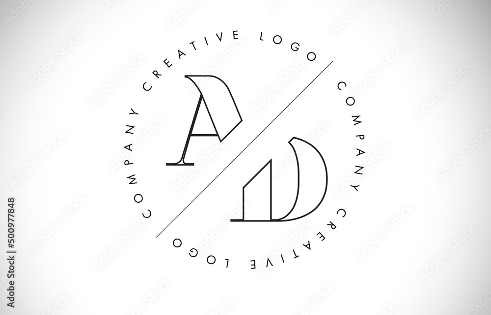 Outline AD a d Letter Logo with Cut and Intersected Design and circled frame.