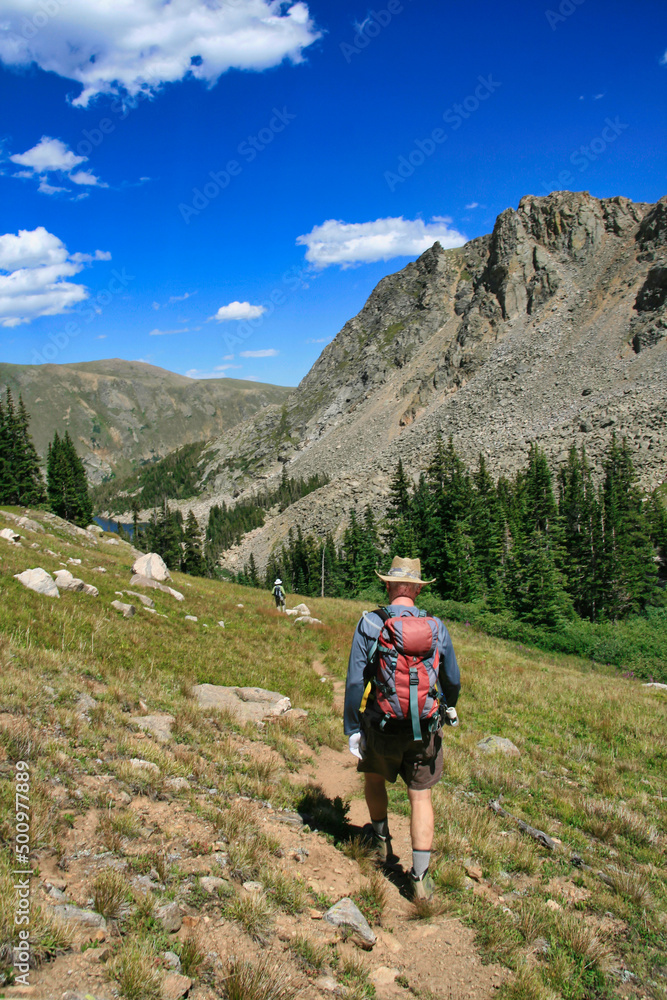 Hikers on the Diamond Lakes Trail in Colorado's Indian Peaks Wilderness, Boulder County