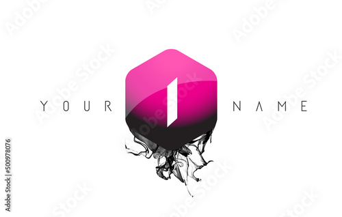 Purple Glossy Shape I Letter Logo Design with Black Ink Spill