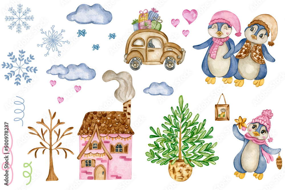 Obraz premium Cute Christmas penguins. Watercolor car with gifts, blue snowflake, christmas tree, cute antartic characters and snowy pink house. Hand draw New Year collection. Snowy clouds illustration.