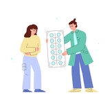 Doctor offers pills and medication to patient, flat vector illustration isolated.