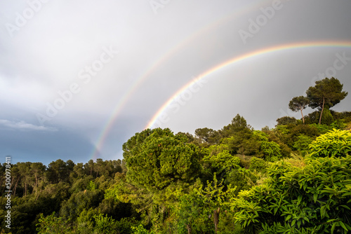 Rainbow seen in the mountains of the Collserola natural park in the province of Barcelona