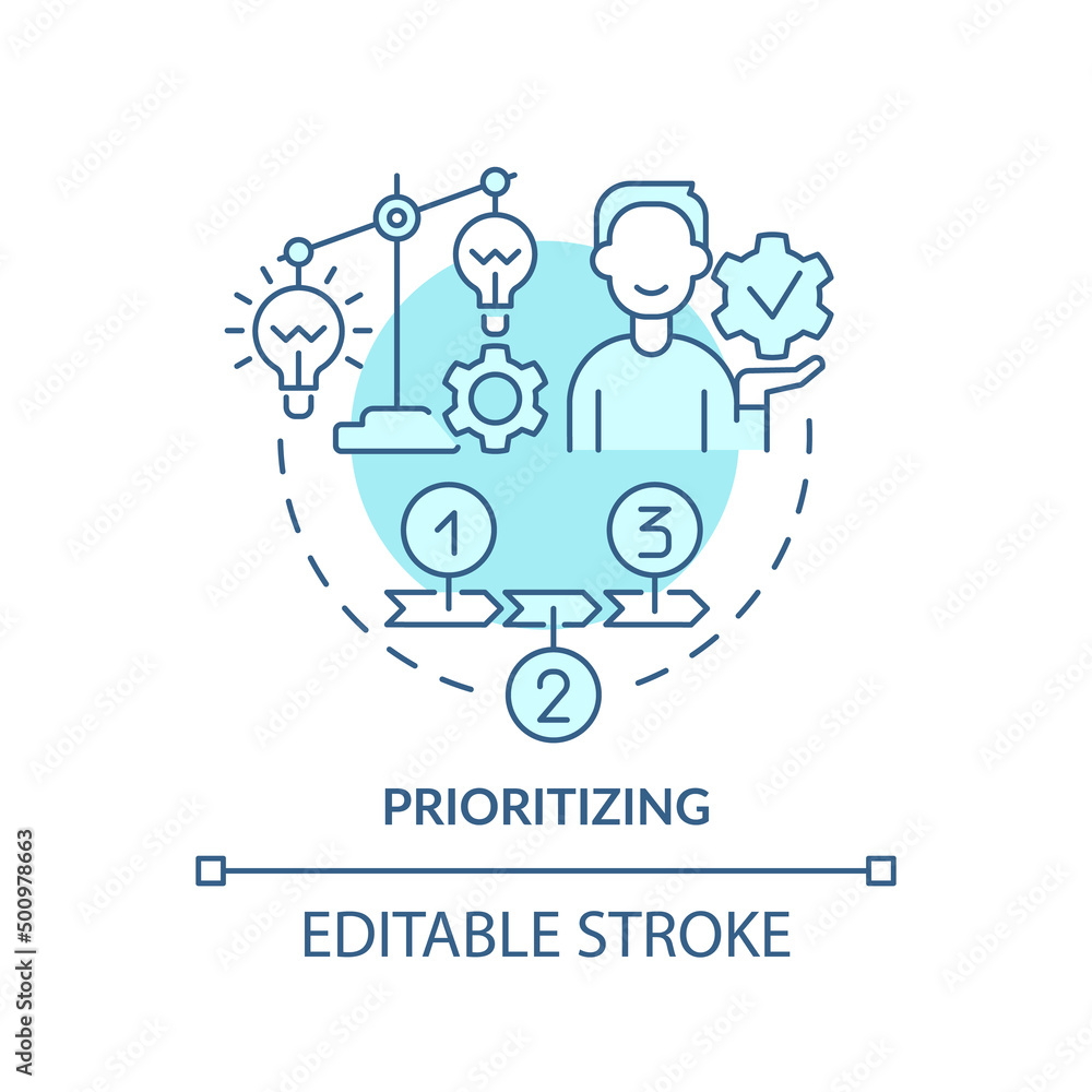Prioritizing turquoise concept icon. Innovation management step abstract idea thin line illustration. Categorizing ideas. Isolated outline drawing. Editable stroke. Arial, Myriad Pro-Bold fonts used Prioritizing turquoise concept icon. Innovation management step abstract idea thin line illustration. Categorizing ideas. Isolated outline drawing. Editable stroke. Arial, Myriad Pro-Bold fonts used
