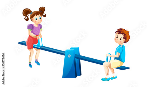 Little children have fun riding on a swing outdoors. Childhood, entertainment concept. Happy little children are relaxing on the playground. Cartoon character, flat bright vector illustration.