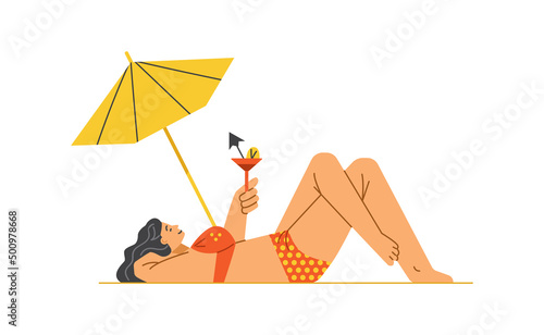 Young woman is relaxing on beach, vector flat illustration on white background.