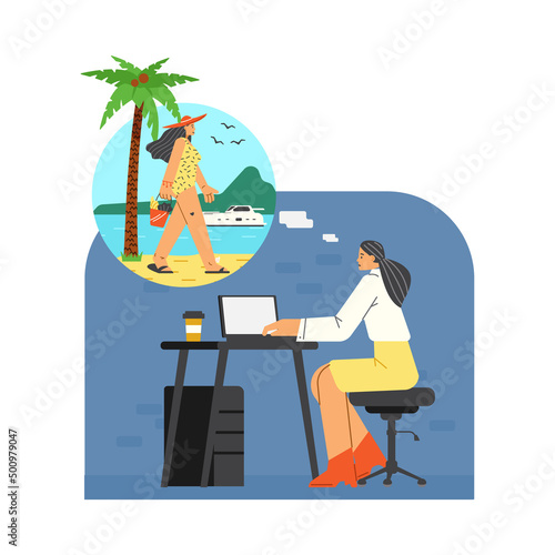 Tired girl sitting and working on computer with coffee, dreaming about beach rest