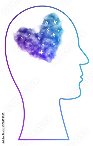 Nebula heart in human head. Unconditional love concept.