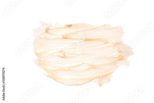 Face scrub smear texture. Cream skincare cosmetic. Organic stroke. Feet oily cleanser smudge. Particles in gel. White background. Top view. Yellow and black fluid treatment