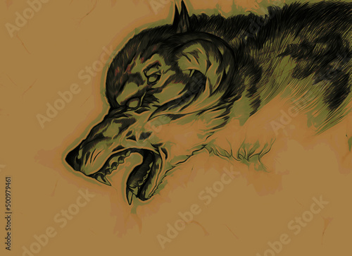 Obraz na plátne Illustration of an infernal dog with curved horns and multiple eyes