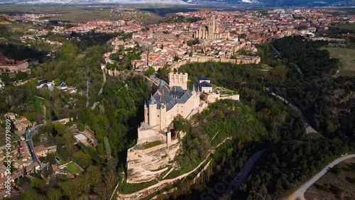 Aerial view of Segovia cityscape, famous tourist destination in Castile and Leon, Spain. High quality 4k footage .  photo