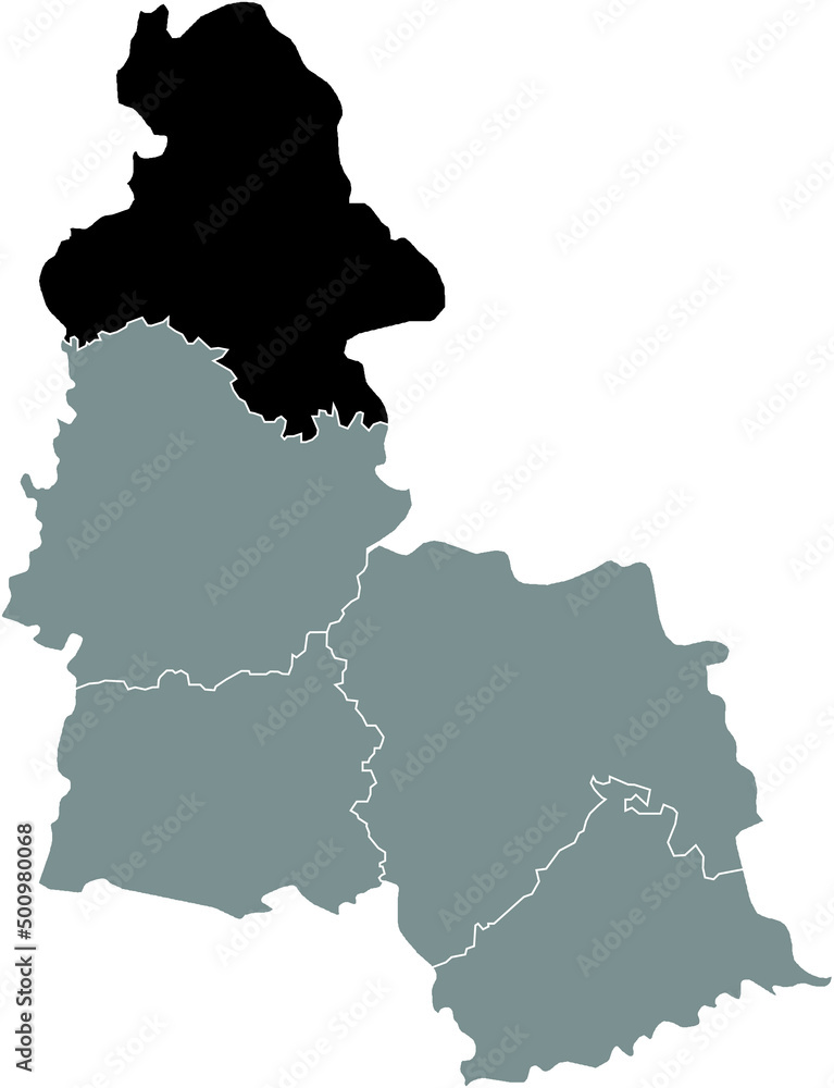 Black flat blank highlighted location map of the SHOSTKA RAION inside gray raions map of the Ukrainian administrative area of Sumy Oblast, Ukraine